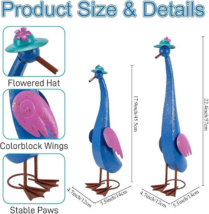 22" Duck Garden Statue Set of 2 Metal Ducks | Outdoor Decor Porch Animal Figurine Yard Art Sculptures Rustproof Lawn Ornament for Outside Patio Backyard Decorations