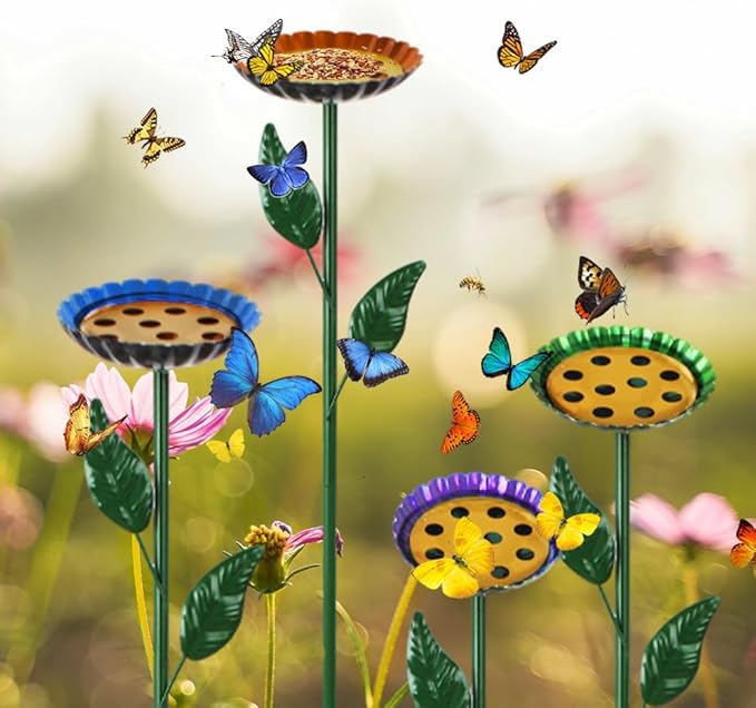 DREAMSOUL 4 Pack Bird Bath with Bee Feeder, Metal Colorful Bee Watering Station Bird Bath for Outside Yard Decor