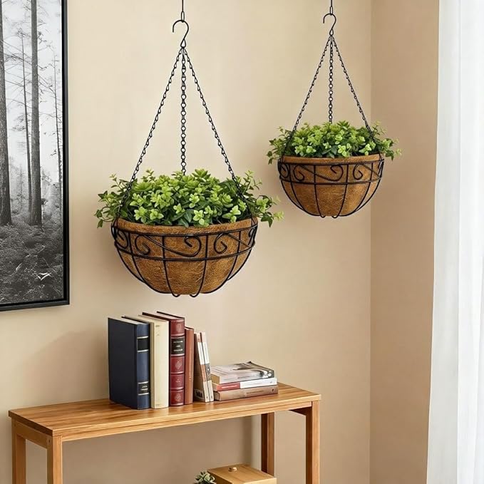 14 Inch Hanging Baskets for Plants Outdoor, 2 Pack Metal Wire Hanging Planters with Coco Coir Liners, Rust-Resistant Flower Basket with Chains & Hooks for Garden Patio Porch Deck Balcony