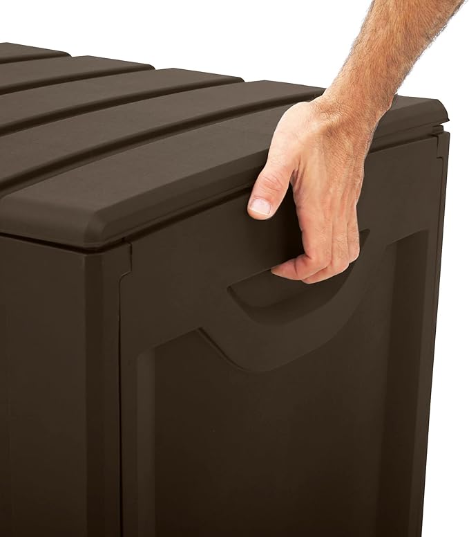 Ram Quality Products Plastic 90 Gallon Outdoor Lockable Backyard Storage Bin Deck Box for Cushions, Pool Accessories, and Towels, Brown