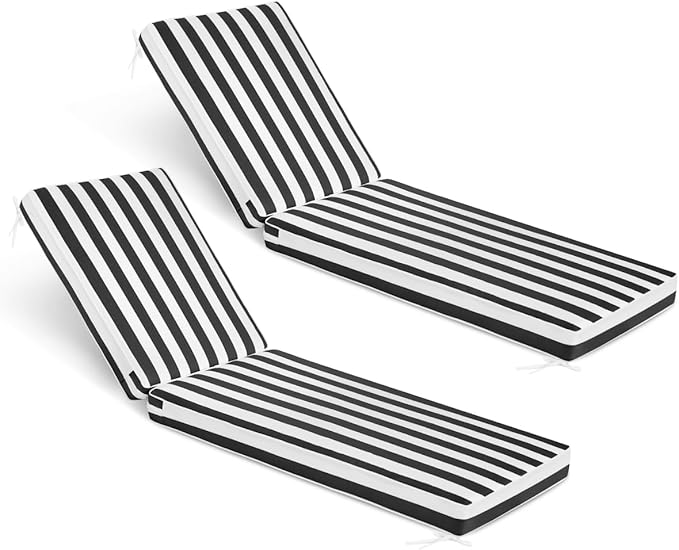 Sundale Outdoor Olefin Chaise Lounge Cushion Set of 2, Water-Resistant Patio Lounge Chair Cushion, Thick Lounger Pad with 4 Straps Cabana Stripe Black, 80 x 26 x 4 Inches