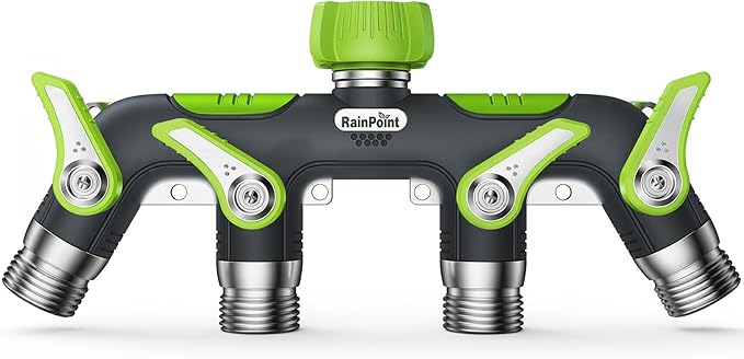 RAINPOINT 4 Way Garden Hose Splitter, 100% Metal Heavy Duty Water Hose Splitter with Individual Shut-Off Valves, 3/4" GHT High Flow Outdoor Faucet Splitter, 1.81" Extra Long Handle (Green)