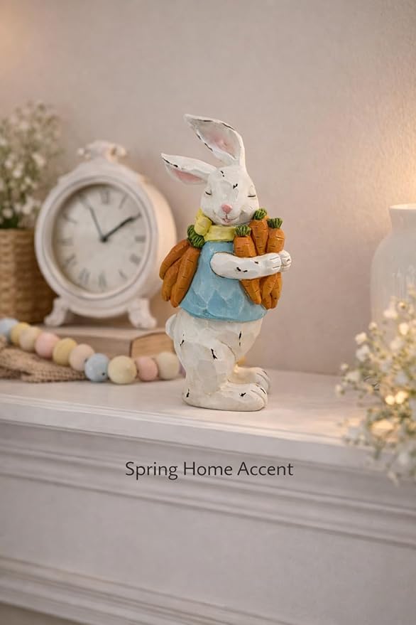 GoGnome Easter Decorations Bunny Resin Figurine with Carrots – 9.3'' Hand-Painted Rabbit Outdoor Statue, Spring Farmhouse Garden Decor for Easter, Mantel, Shelf, or Gift (White/Blue/Orange)
