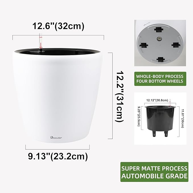 Dexceder 13x12 Self Watering Planter with Wheels (White Matte) | Inner Pot Design, Thickened Large Floor Standing Flower Plant Pot with Water Level Indicator Indoor Outdoor