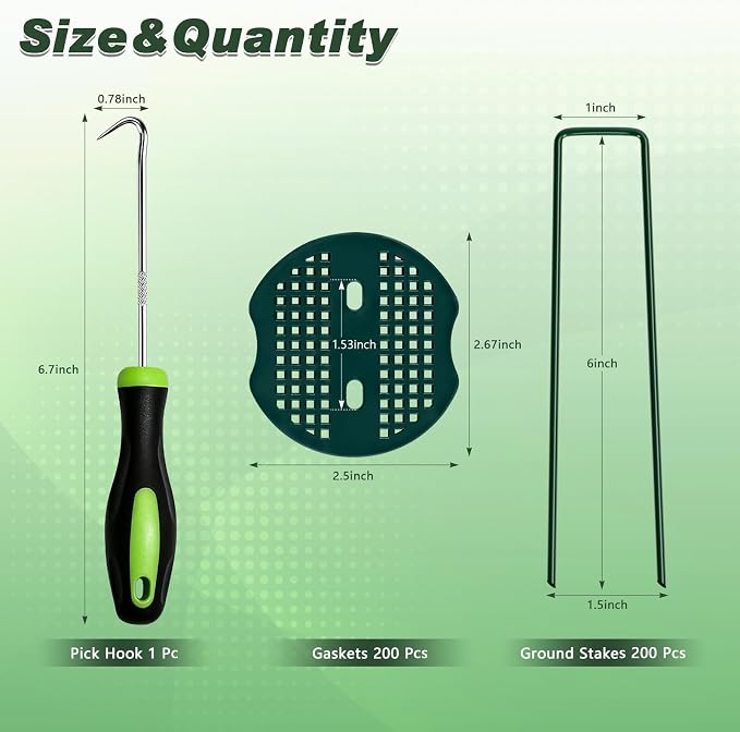 FEED GARDEN 6 Inch 200 Pcs Galvanized Landscape Staples 200 Pcs Gaskets Pick Hook Garden Stakes 11 Gauge Anti-Rust Landscaping Fabric SOD Pins U Shaped Yard Turf Stakes for Weed Barrier Fabric Green