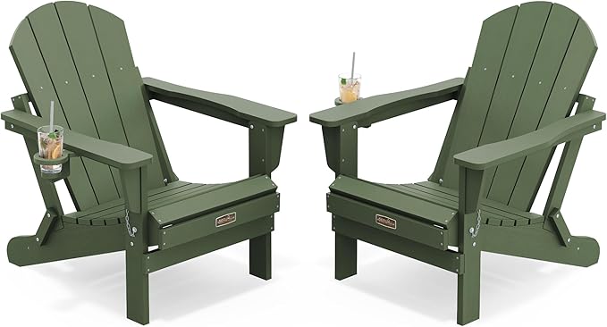 SERWALL Foldable Adirondack Chair with Cup Holder Set of 2 for Patio Garden Outdoors Fire Pit Chairs-Avocadogreen