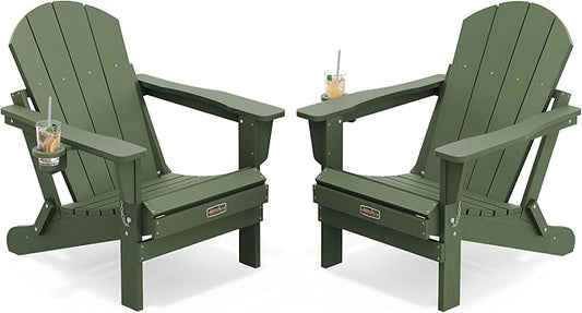 SERWALL Foldable Adirondack Chair with Cup Holder Set of 2 for Patio Garden Outdoors Fire Pit Chairs-Avocadogreen