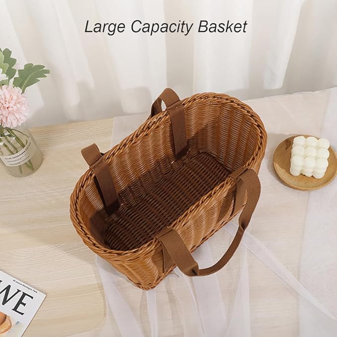 Picnic Basket, Garden Harvest Basket, Wicker Shopping Baskets with Cloth Handles, Reusable Handwoven Market Baskets for Carrying Shopping Storage Gathering (Brown)