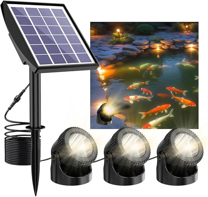 Solar Pond Lights, 3-in-1 Warm White Underwater Pond Lights, Smart Auto ON/Off Submersible LED Fountain Lights with 3-Brightness Modes, IP68 Waterproof for Pond, Garden, Patio, Pool, Waterfall Decor