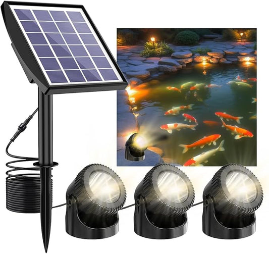 Solar Pond Lights, 3-in-1 Warm White Underwater Pond Lights, Smart Auto ON/Off Submersible LED Fountain Lights with 3-Brightness Modes, IP68 Waterproof for Pond, Garden, Patio, Pool, Waterfall Decor