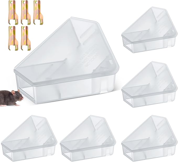 Qualirey 6 Pcs Mice Station with Key Triangle Mouse Station Lockable Reusable Bait Box, Enclosed Design for Indoor and Outdoor Use, Suitable for Small Mice (Translucent)