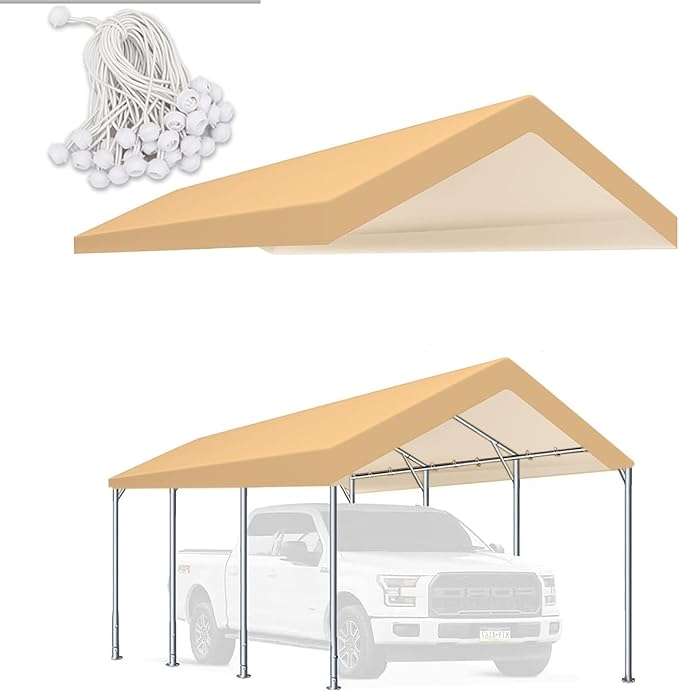 Carport Replacement Canopy Cover for Tent Car Garage Shelter Top Tarp with Ball Bungees (Only Only Top Cover, Frame is not Included) (12' x 20', Beige)