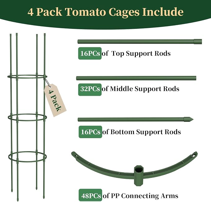 4 Pack Tomato Cages for Garden, 49" Tall Adjustable Heavy Duty Rust Resistant Tomato Trellis, with Upgraded Coupler for Raised Beds & Pots, Plant Stakes and Supports for Climbing Vegetables, Flowers