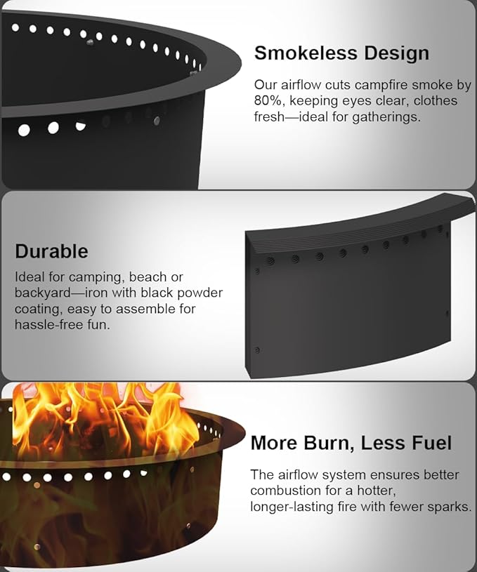 31 Inch Smokeless Fire Pit Ring Insert Outdoor, Heavy Duty Metal Steel DIY Firepit Rim Liner Round Campfire Rings for Outside Wood Burning Above or In-Ground, Black