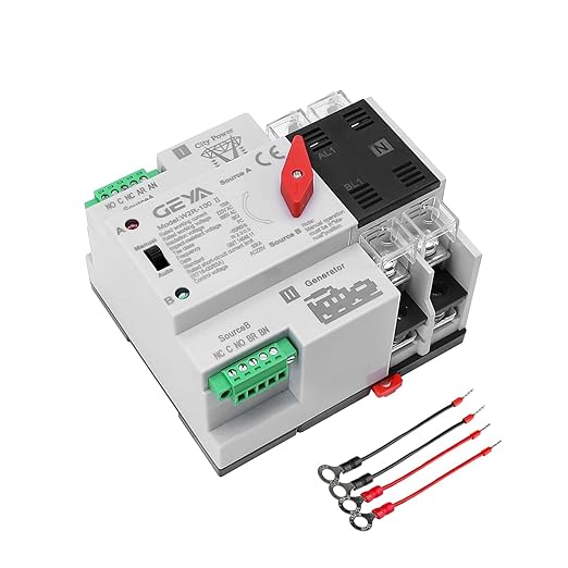 GEYA Mini ATS Automatic/Manual Transfer Switch, Solar Auto Dual Power Over & Under Voltage Switch 50/60Hz Grid to AC Generator(2Pole 100A 220V)