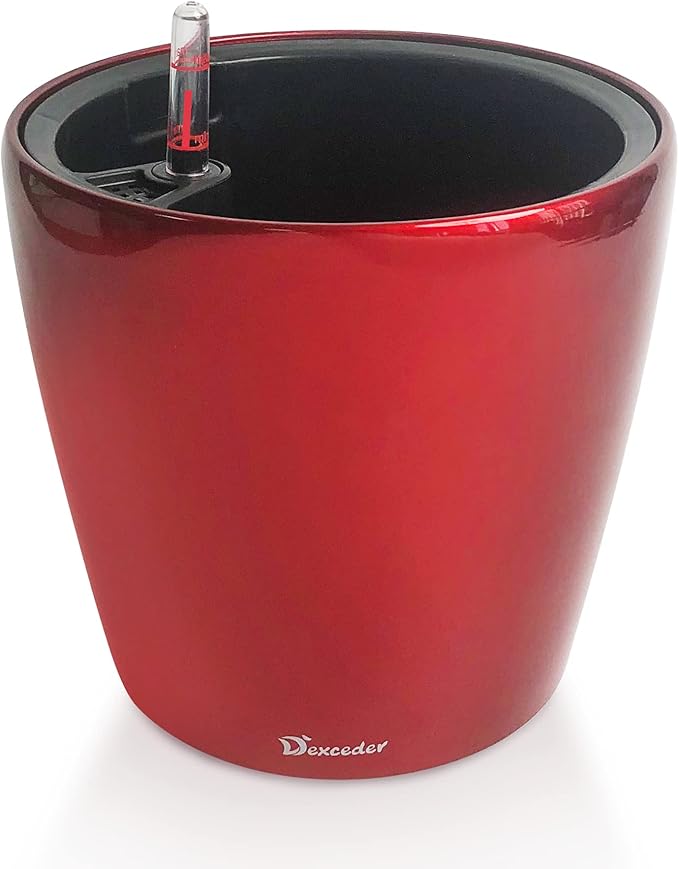 Dexceder 11x10 Self Watering Planter (Red High Gloss) | Inner Pot Design, Thickened Table Flower Plant Pot with Water Level Indicator Indoor Outdoor