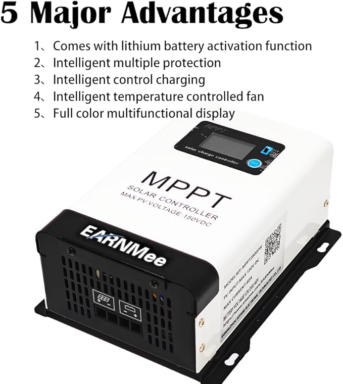60A MPPT Solar Charge Controller, 18-150VDC PV Input, 12V/24V/48V Adjustable Output(Manual), Ideal for RV, Large Solar Systems, Compatible with Mono/Poly Panels & Lead-Acid/Lithium Batteries