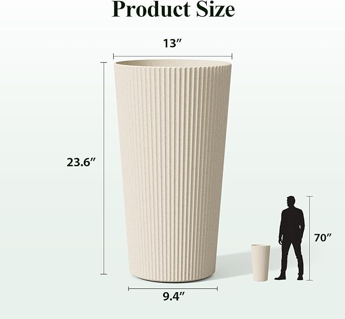 23.6" H Tall Planters for Outdoor Plants, 2 Pack Large Outdoor Planters for Front Porch Decor with Drainage Hole, Plastic Striped Flower Pots Fits Indoor Plants Patio Garden, Black