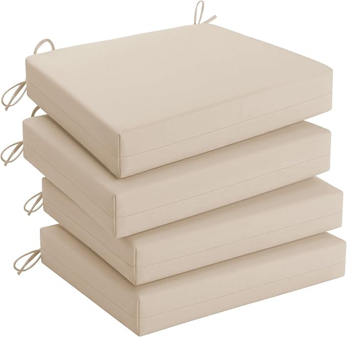 UNIKOME Outdoor Chair Cushions Pack of 4, Water Resistant Patio Cushions with Ties, High Density Sponge Filling Square Corner Seat Cushions for Outdoor Furniture, 18.5"*16"*3", Beige
