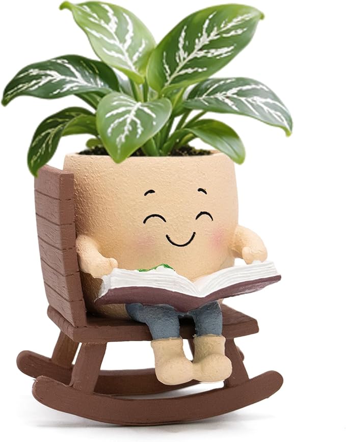 Smily Face Rocking Chair Reading Book Planter Pots with Drainage Hole, Cute Resin Flower Head Succulent Planters for Indoor Plants, Gift IdeaI for Mother Birthday Christmas