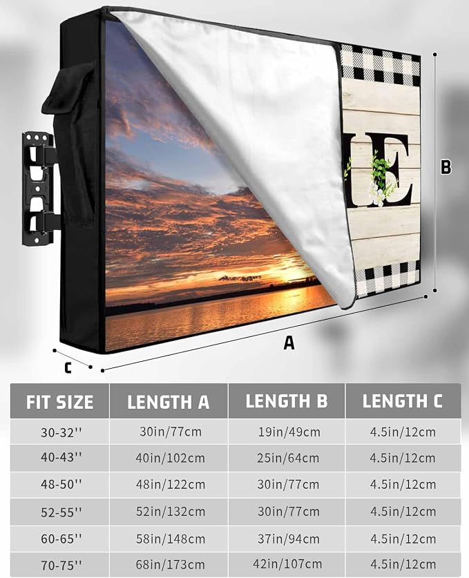 Retro Outdoor TV Cover for Outside Flat Screen,Home Text Wood Board 600D Thick Waterproof Weatherproof Outdoor TV Screen Protector with Zipper for 60 to 65 Inch Flat Screens Rustic Leaf Flower Plaid