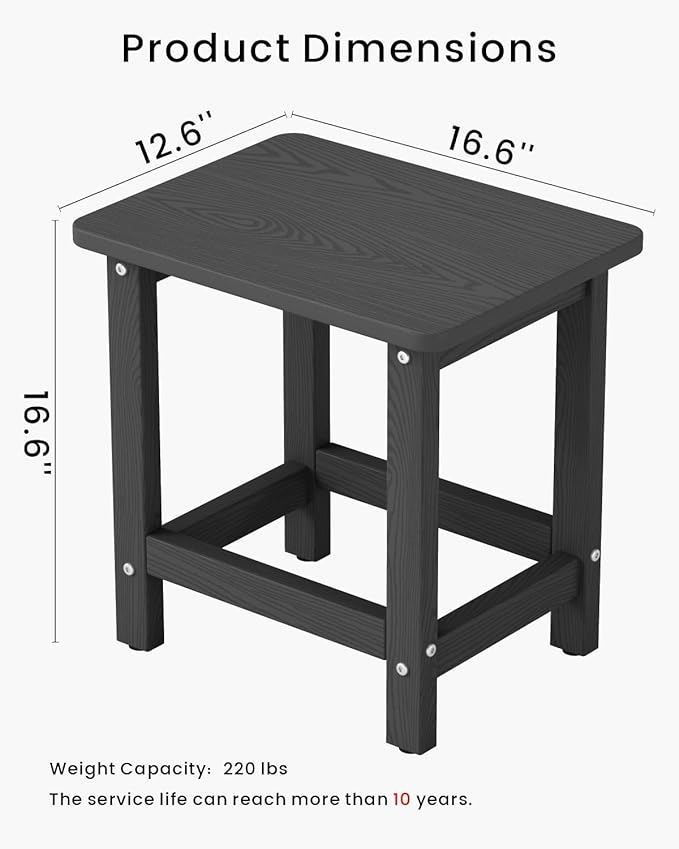 Set of 2 HDPE Outdoor Side Table, Weatherproof Small Outdoor Table for Adirondack, 16.6-Inch Patio Square End Tables for Garden, Backyard, Porch, Deck, Balcony, Poolside (Black)