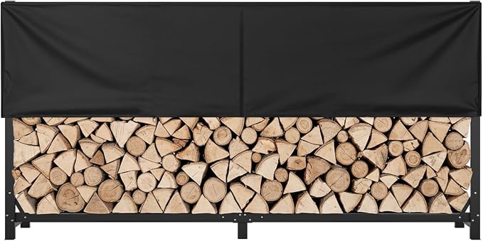 Heavy Duty 8ft Firewood Rack with Cover Outdoor, 1/2 Cord Capacity Log Holder Sturdy Steel Construction, All-Weather Black Powder Coat Wood Storage Organizer for Indoor&Outdoor Use, Black