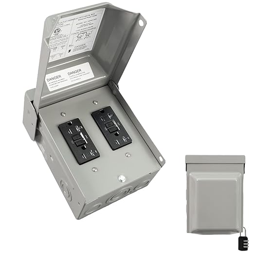 20 & 20 Amp Power Outlet Box 125 Volt, Dual 20 Amp WRTR GFCI Receptacles Heavy Duty Lockable Weatherproof Panel, Outdoor Receptacle for EV RV Generator Camper Trailer Motorhome, ETL Listed