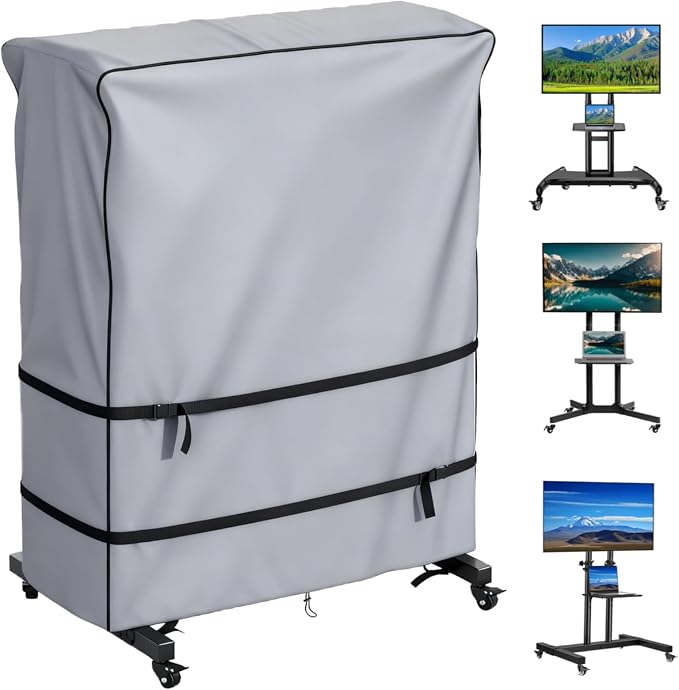JINLI 55-60 inch outdoor TV trolley cover, courtyard TV cover, Oxford fabric waterproof and dustproof, triple windproof design, compatible with rolling/mobile stand,Grey