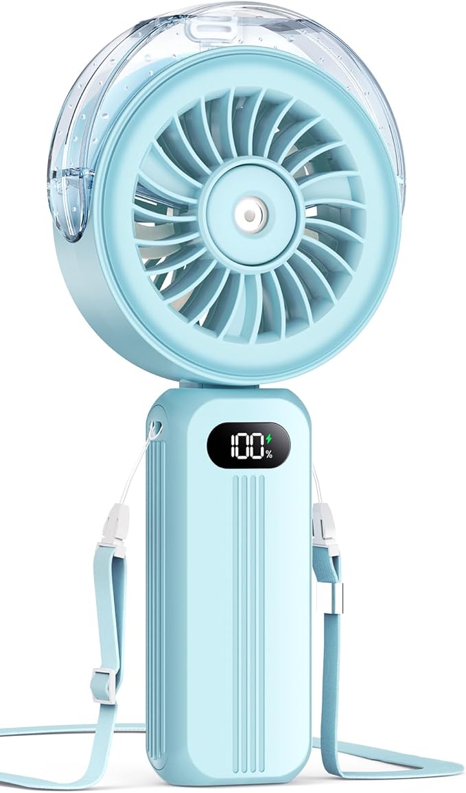Otlonpe Handheld Misting Fan Portable, Powerful 4 High Speeds Rechargeable Small Hand Held Fan Water Mist, 4000mAh Battery Operated, Foldable, Lanyard, Personal Cooling for Travel Men Wome