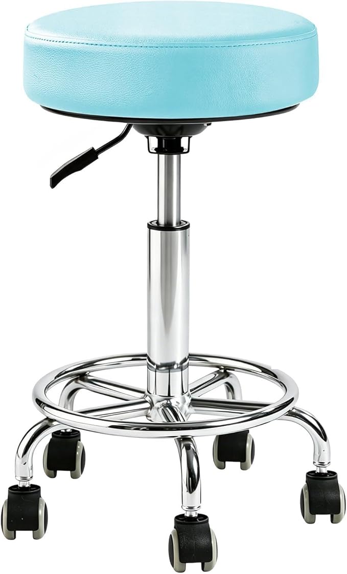 Adjustable Rolling Stool with Wheels Heavy Duty Round RollingStool with Footrest, Patent Leather Drafting Stool Chair with Wheels Work Spa Salon Seat,Blue