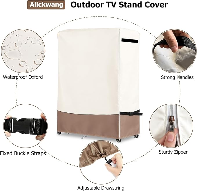 59 Inch Outdoor Waterproof TV Trolley Cover,Heavy Duty 600D Rolling TV Stand Cover with Zipper Easy to Ioad and Unload for 60-65 Inch TV,59"Lx15"Wx55"H,Beige