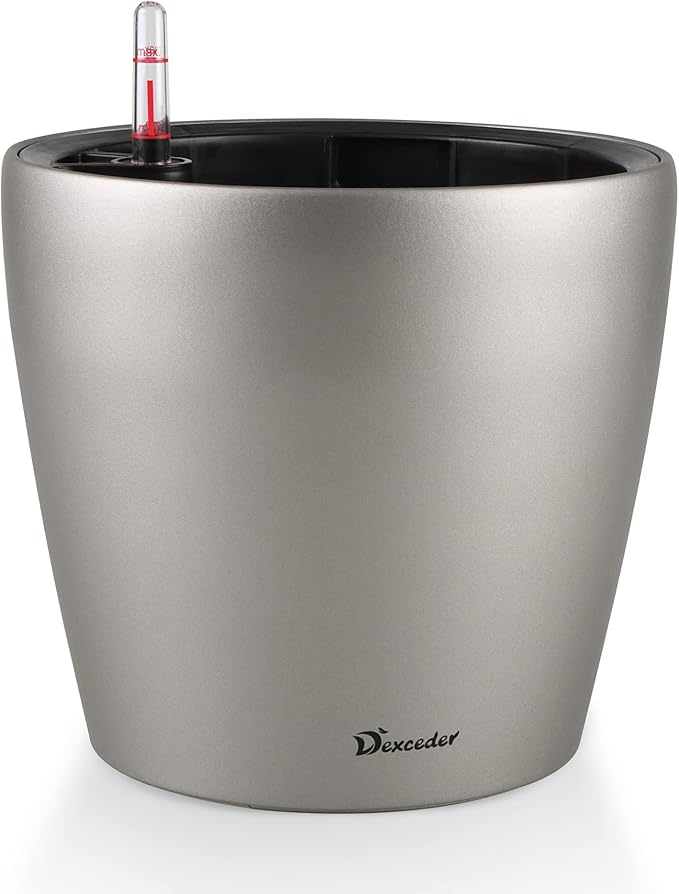 Dexceder 9x8 Self Watering Planter (Smoky Gray Matte) | Inner Pot Design, Thickened Metallic Table Flower Plant Pot with Water Level Indicator Indoor Outdoor