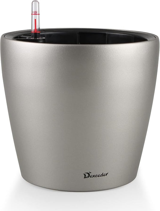 Dexceder 9x8 Self Watering Planter (Smoky Gray Matte) | Inner Pot Design, Thickened Metallic Table Flower Plant Pot with Water Level Indicator Indoor Outdoor