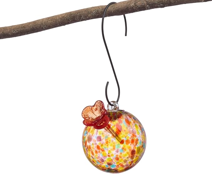 Red Carpet Studios Hummingbird Feeder Hand-Blown Art Glass, Hanging Birdfeeder with Red Flower Feeding Port, 5.5" Round Multicolor