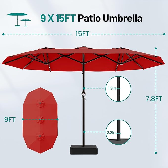 AreShark 15FT Patio Umbrella with Solar Lights, Double Sided Outdoor Table Umbrellas with Crank, Large Rectangular Market Umbrella for Porch, Lawn, Pool, Backyard, Red