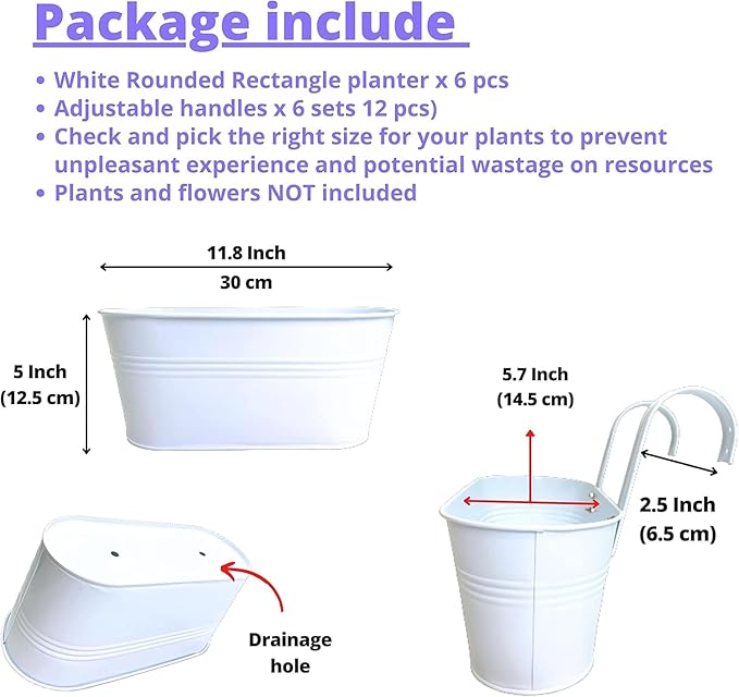 Maxona Metal Iron Hanging Flower Pots, 6 Pack, 11.8 Inch Oval White Railing Fence Hanging Bucket Pots Countryside Style Window Flower Plant Holder with Detachable Hooks Home Décor