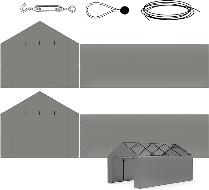 Metal Carport Replacement Sidewall Kit for 20x20 FT, 2 Side Panels & 2 Zipper Doors, Heavy Duty 220g PE Tarp, Waterproof UV Resistant Roll-Up Cover, Grey (No Frame)