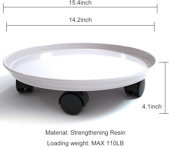 Plant Caddy with Wheels 15.5 Inch, 2 Pack Heavy Duty Plant Dolly Tray, Round Planter Caddies for Indoor & Outdoor Use, White
