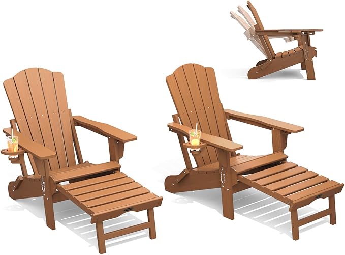 THOEOE Folding Adjustable Adirondack Chairs with Ottoman & 1 Cup Holders Set of 2, HDEP Multifunctional Adirondack Chair with Footrest,Wood