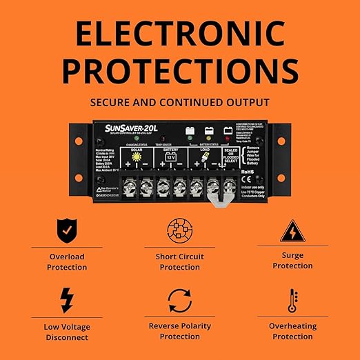 Morningstar SunSaver 20A PWM Solar Charge Controller (SS-20L-12V) - Solar Panel Regulator for 12V Batteries, Four Stage Battery Charging, LVD, HazLoc Rated, Low Noise, 5 Year WTY - Designed in the USA