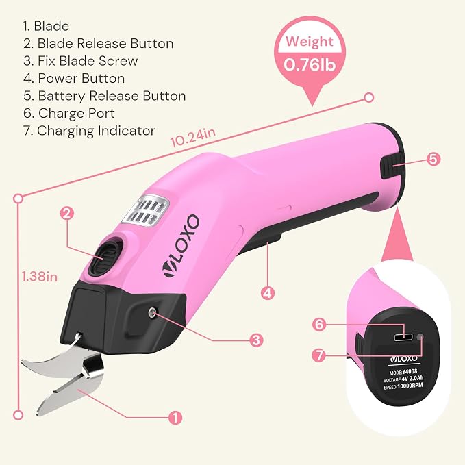 VLOXO Cordless Electric Scissors, 4V Rechargeable Power Scissors Cardboard Cutter with Replacement Blade/Battery Powerful Fabric Cutter for Carpet Plastic Leather(pink) Y4008