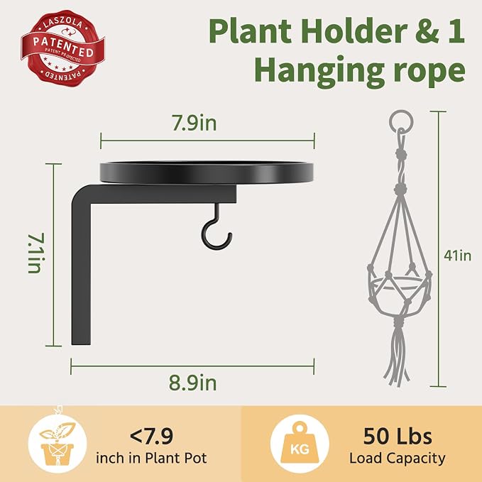LASZOLA Plant Hanger Shelves Wall Mounted Indoor with 1Pcs Macrame Hanger, Metal Window Plant Holders, 1 Pcs Modern Floating Flower Display Stand with Hook for Outdoor Kitchen Bathroom Decor, Black
