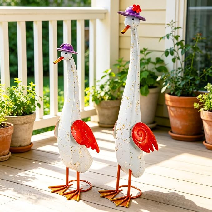 22" Duck Garden Statue Set of 2 Metal Ducks | Outdoor Decor Porch Animal Figurine Yard Art Sculptures Rustproof Lawn Ornament for Outside Patio Backyard Decorations