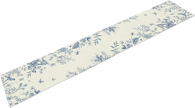 Blue Floral Table Runner, Retro Seasonal Watercolor Spring Wildfloral Flower Birds Boho Rustic Coffee Table Center Decor for Family Kitchen and Dining Farmhouse Party Table Decorations, 13"x36"
