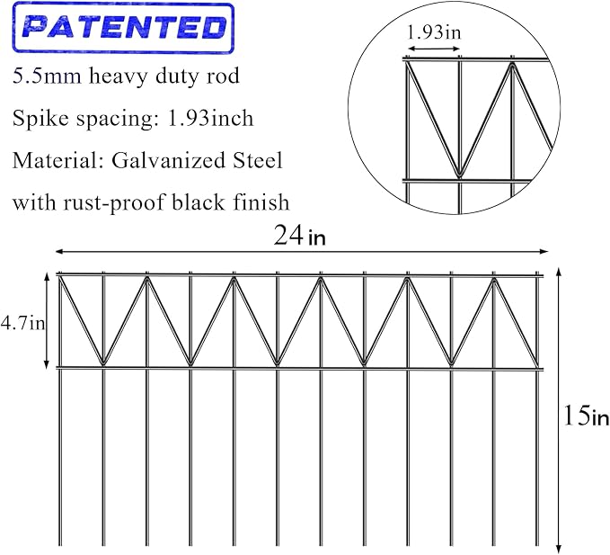5 Pack 24" L x 15" H Animal Barrier Fence, Underground No Dig Fence Patented Product, 5.5mm Galvanized Stakes with 2 inch Spacing, Anti Digging for Dogs, Total 10Ft(L) X 15in(H) Black