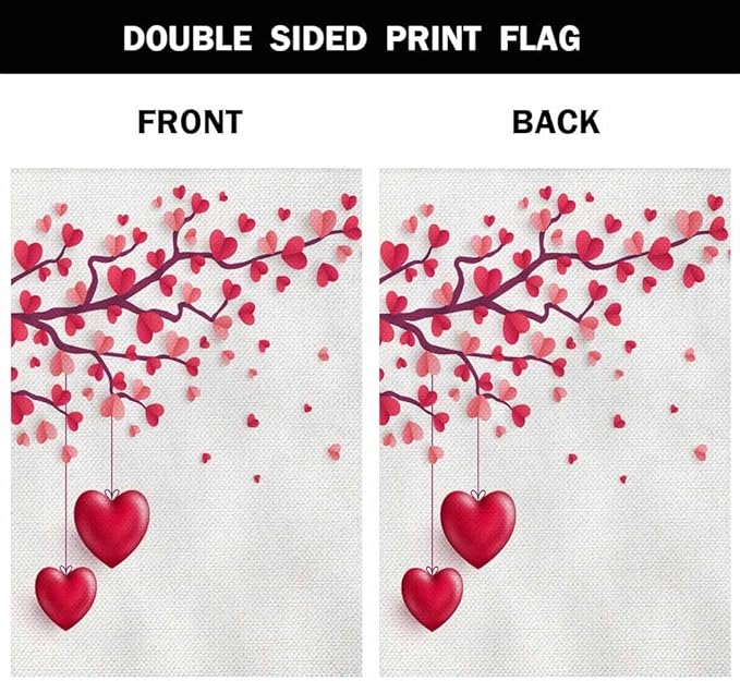 AOYEGO Valentines Day House Flags 28 x 40 Double Sided Burlap Tree With Paper Leaves and Hanging Hearts Happy Saint Yard Flags Spring Summer Farmhouse Seasonal Outdoor Flag