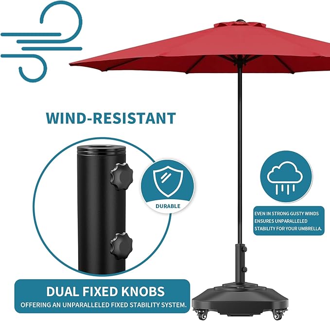 Umbrella Base, Heavy Duty Patio Umbrella Stand with 5 Wheels, Max 100lb Fillable Mobile Outdoor Base, Pole Holder 2 Knobs, UV Resistant and Windproof Design for Patio, Deck, Poolside, Lawn(19 in)