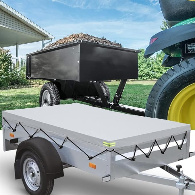 Tipping Trailer Cover for Lawn Tractor, Waterproof Heavy Duty Utility Wagon Tow Cover Garden Steel Dump Cart Cover Cargo RV Trailer Camper Covers 86.6x49x5in Siliver