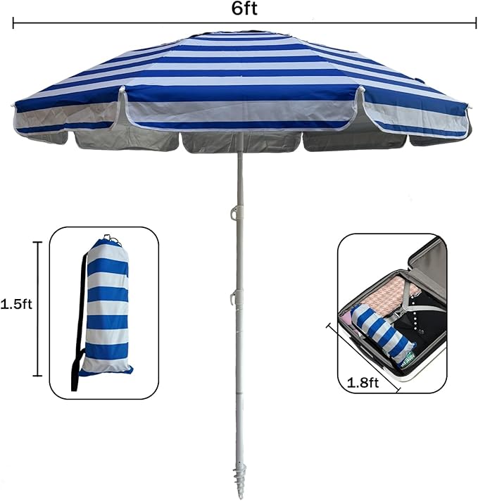 LOTTAFUN 6ft Beach Umbrella - Heavy Duty Wind Resistant UV 50+ Portable Sun Shade with Sand Anchor & Carry Bag, Outdoor Folding Umbrella for Beach, Pool, Patio, Garden (Blue strip)